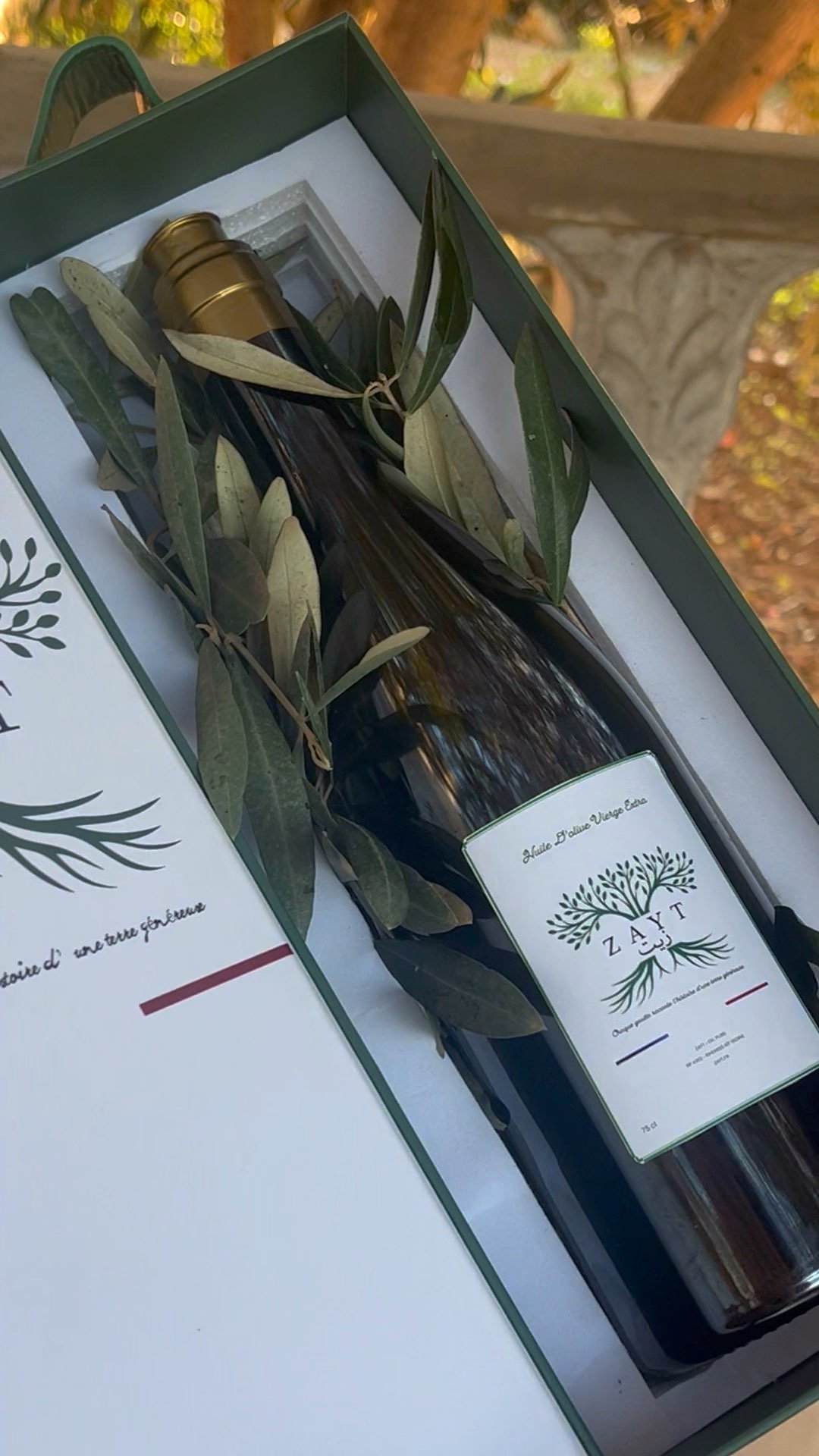 La bouteille d'huile d'olive Zayt dans son coffret, avec une branche d'olivier